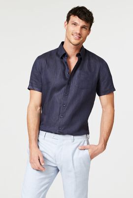 Navy Linen Short Sleeve Mens Shirt